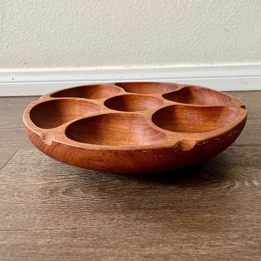 Vintage Teak Wood Lazy Susan Carousel Serving Bowl 12